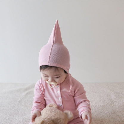 長袖ロンパース とんがり帽子ロンパースセット ヘンリーネック リブ編み コットンカバーオール 2点セット【mh0010889】