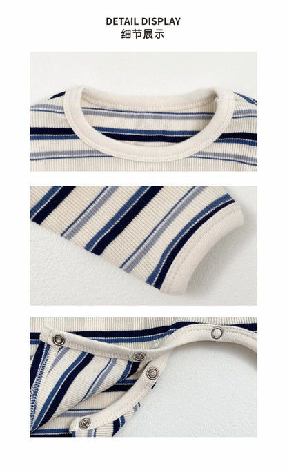 長袖ロンパース カラフルボーダーロンパース ボンネット付き リブ編み コットンカバーオール 2点セット【mh0010891】