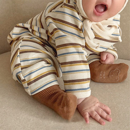 長袖ロンパース カラフルボーダーロンパース ボンネット付き リブ編み コットンカバーオール 2点セット【mh0010891】