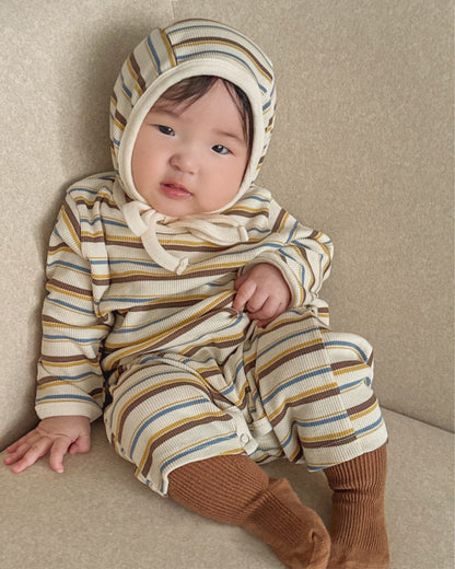長袖ロンパース カラフルボーダーロンパース ボンネット付き リブ編み コットンカバーオール 2点セット【mh0010891】