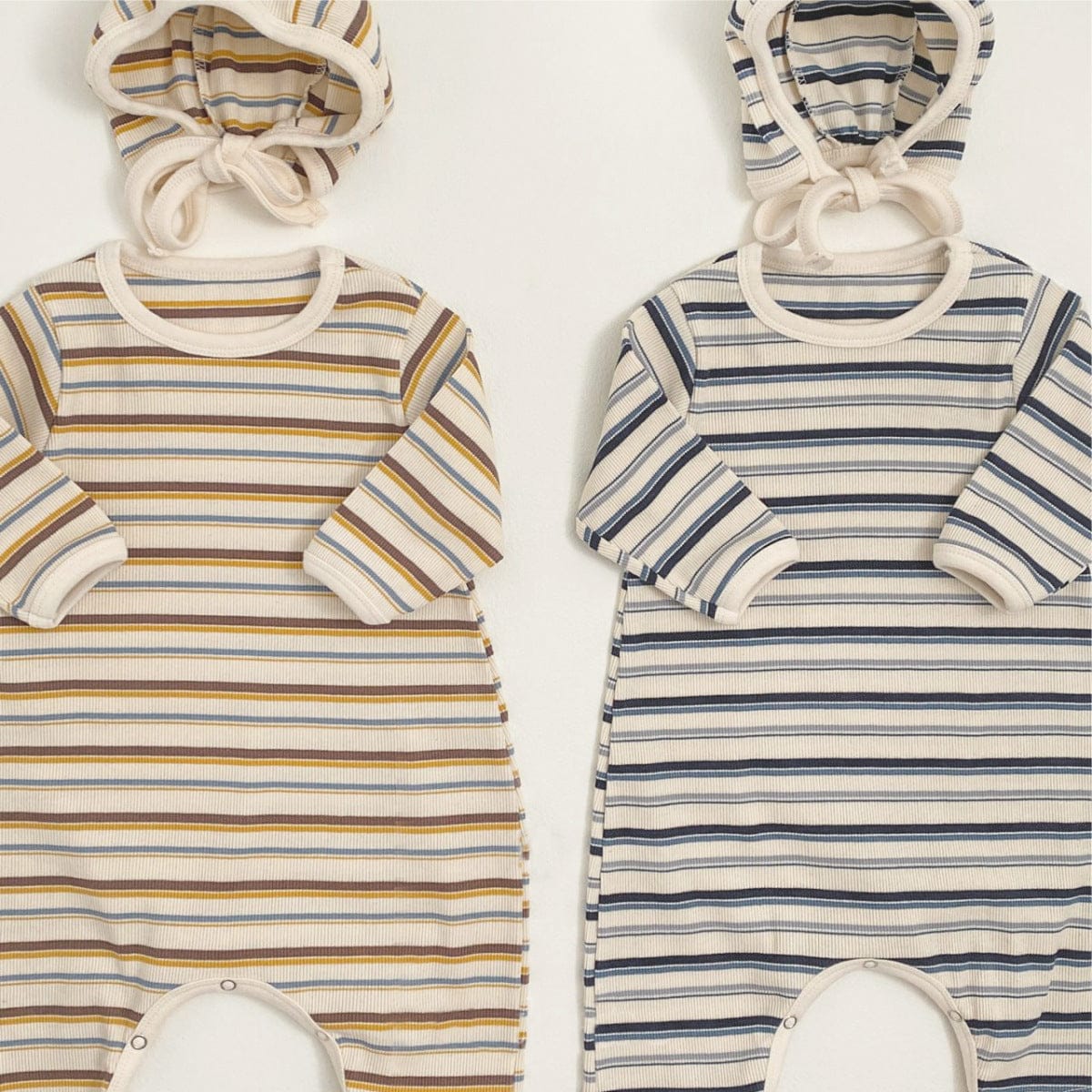 長袖ロンパース カラフルボーダーロンパース ボンネット付き リブ編み コットンカバーオール 2点セット【mh0010891】