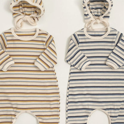 長袖ロンパース カラフルボーダーロンパース ボンネット付き リブ編み コットンカバーオール 2点セット【mh0010891】