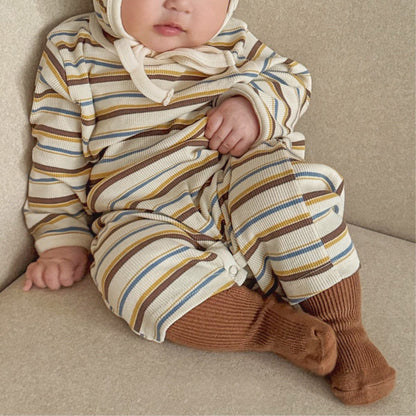 長袖ロンパース カラフルボーダーロンパース ボンネット付き リブ編み コットンカバーオール 2点セット【mh0010891】