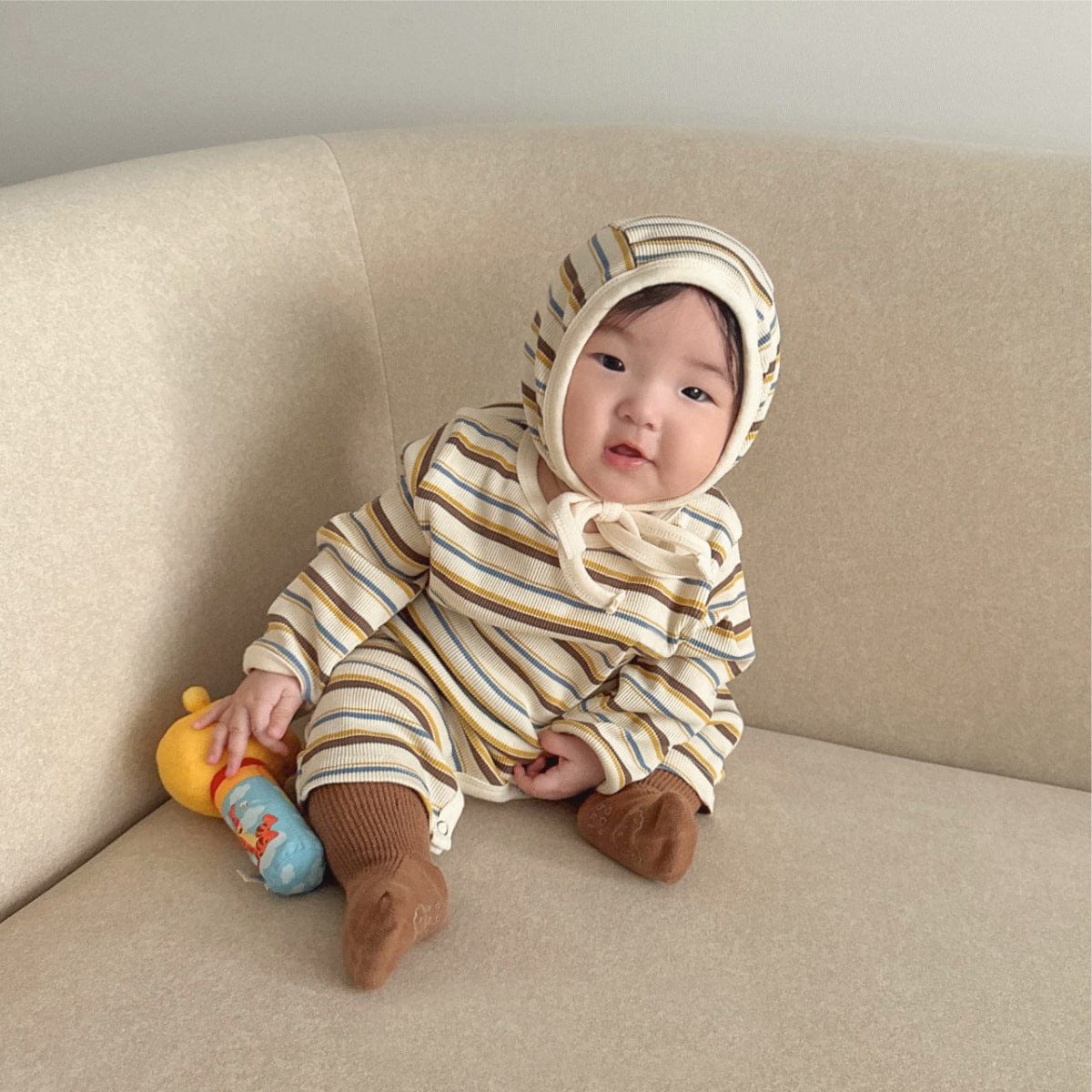 長袖ロンパース カラフルボーダーロンパース ボンネット付き リブ編み コットンカバーオール 2点セット【mh0010891】