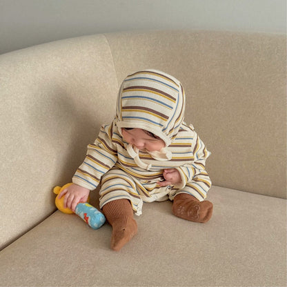 長袖ロンパース カラフルボーダーロンパース ボンネット付き リブ編み コットンカバーオール 2点セット【mh0010891】