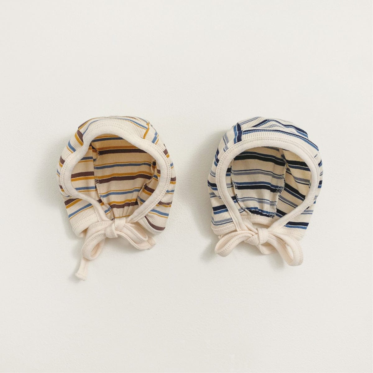 長袖ロンパース カラフルボーダーロンパース ボンネット付き リブ編み コットンカバーオール 2点セット【mh0010891】