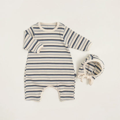 長袖ロンパース カラフルボーダーロンパース ボンネット付き リブ編み コットンカバーオール 2点セット【mh0010891】