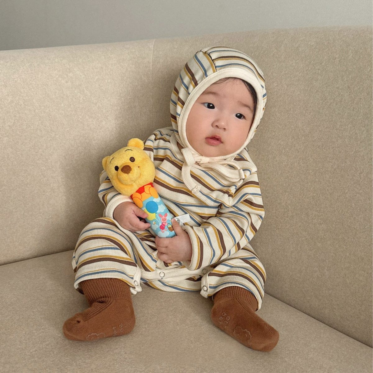 長袖ロンパース カラフルボーダーロンパース ボンネット付き リブ編み コットンカバーオール 2点セット【mh0010891】