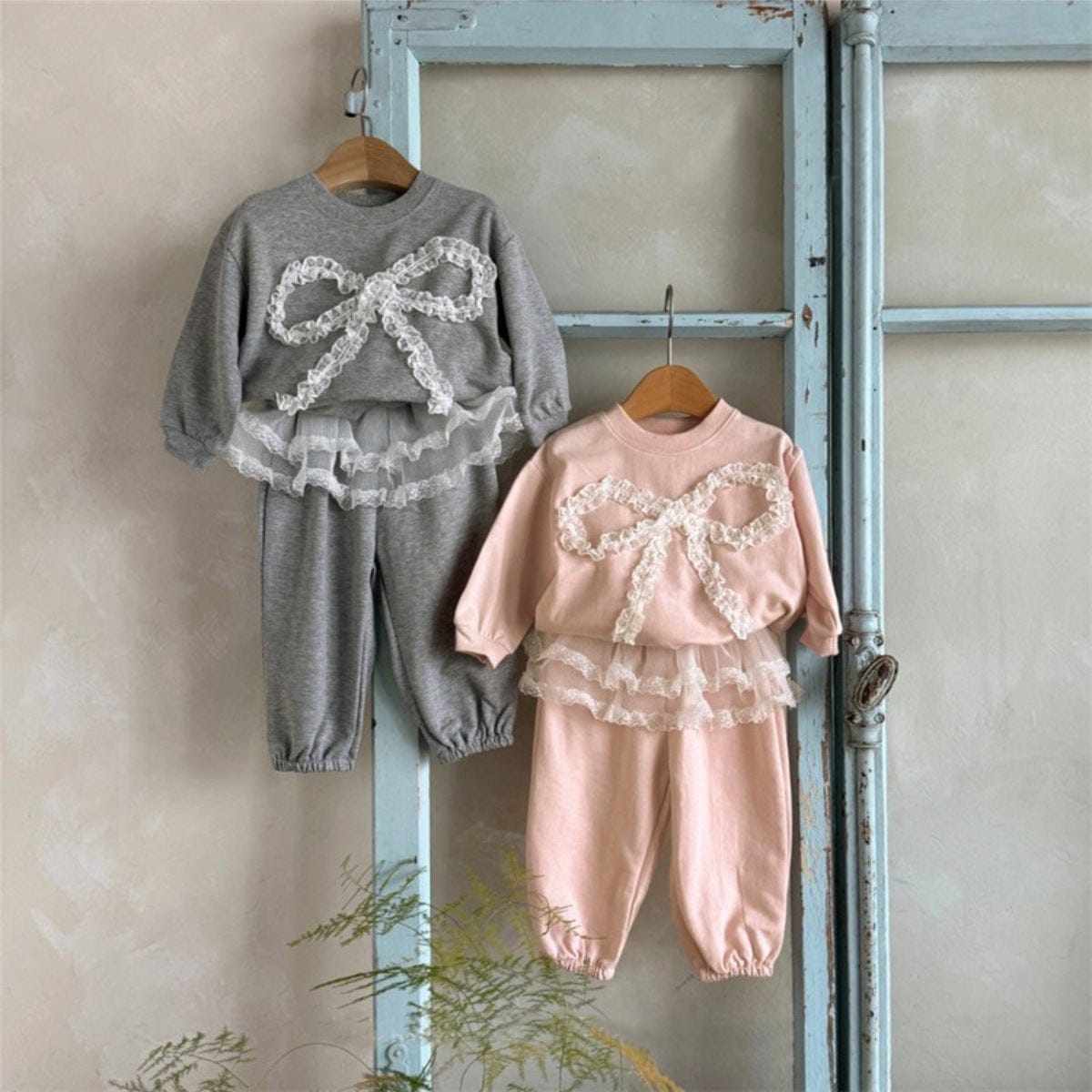 長袖セットアップ チュールリボンセットアップ スウェットトップス+チュールスカートパンツ 2点セット【mh0010896】