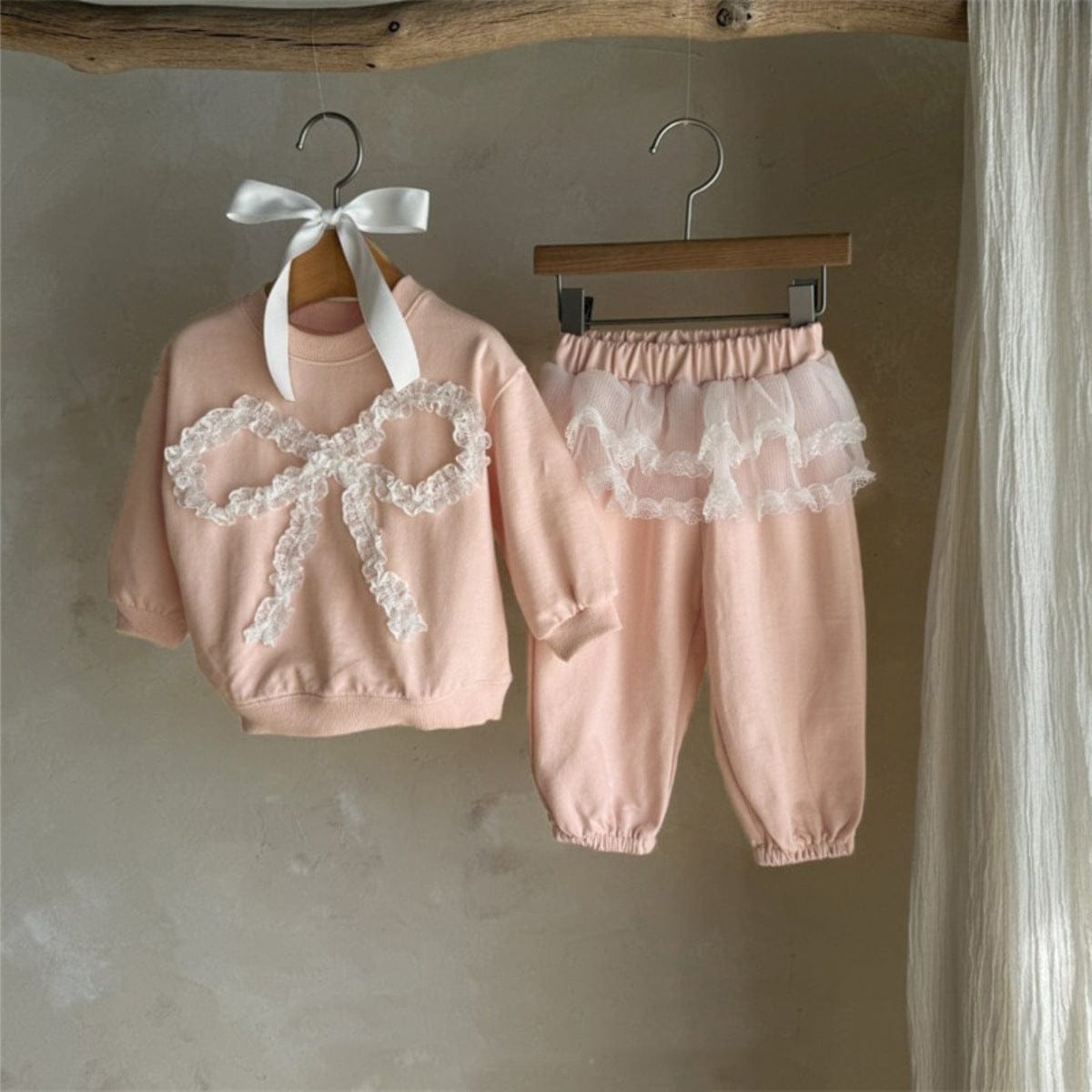 長袖セットアップ チュールリボンセットアップ スウェットトップス+チュールスカートパンツ 2点セット【mh0010896】