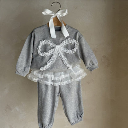 長袖セットアップ チュールリボンセットアップ スウェットトップス+チュールスカートパンツ 2点セット【mh0010896】