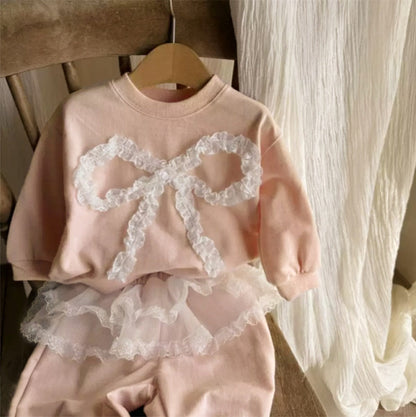 長袖セットアップ チュールリボンセットアップ スウェットトップス+チュールスカートパンツ 2点セット【mh0010896】