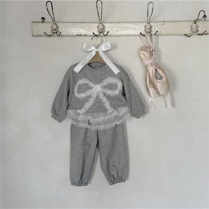 長袖セットアップ チュールリボンセットアップ スウェットトップス+チュールスカートパンツ 2点セット【mh0010896】