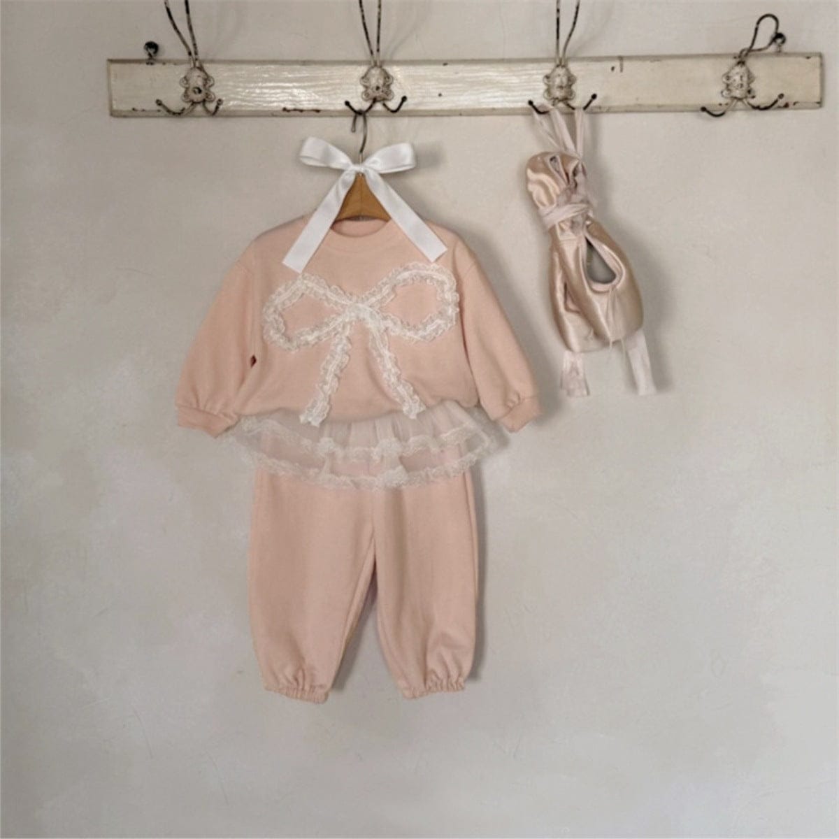 長袖セットアップ チュールリボンセットアップ スウェットトップス+チュールスカートパンツ 2点セット【mh0010896】