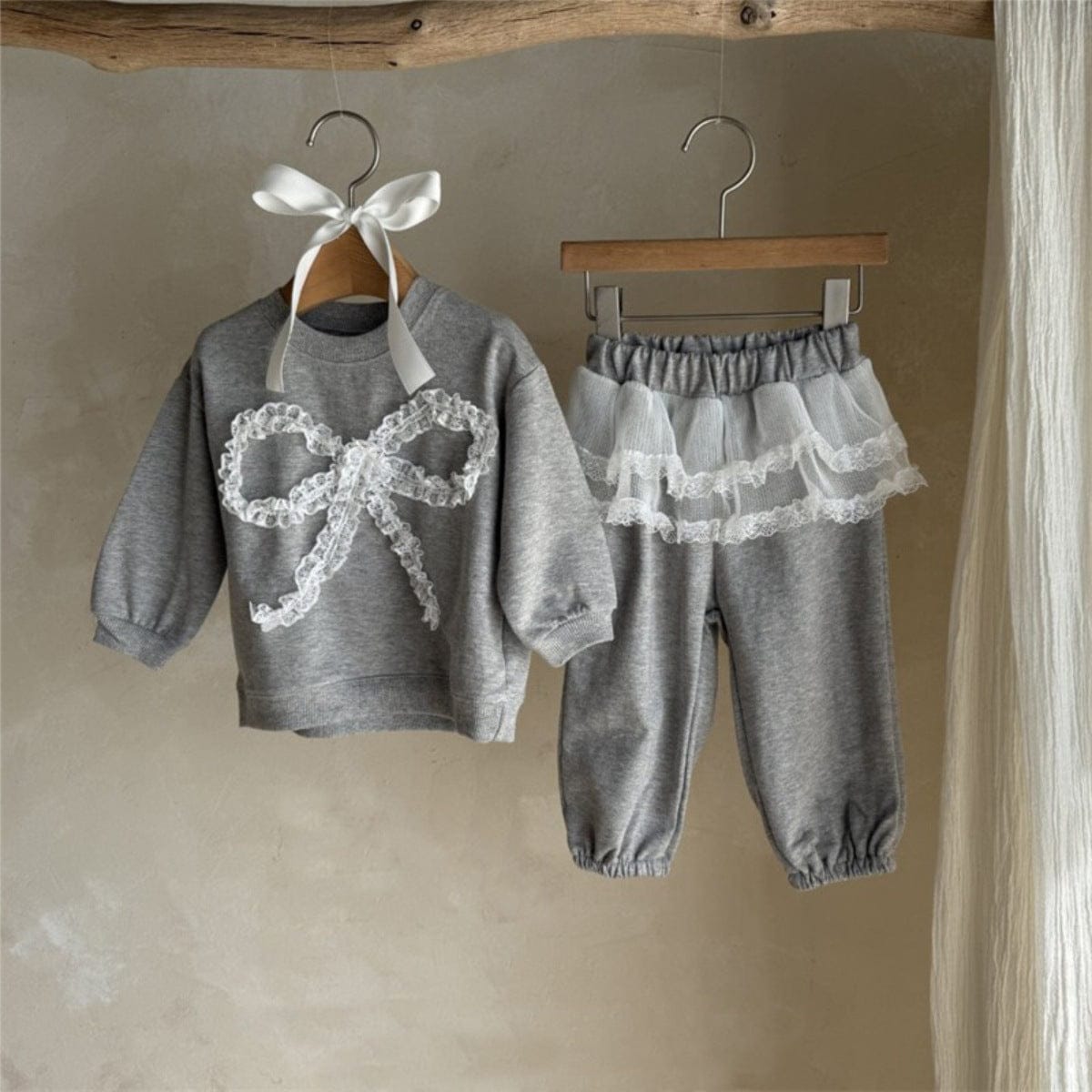 長袖セットアップ チュールリボンセットアップ スウェットトップス+チュールスカートパンツ 2点セット【mh0010896】