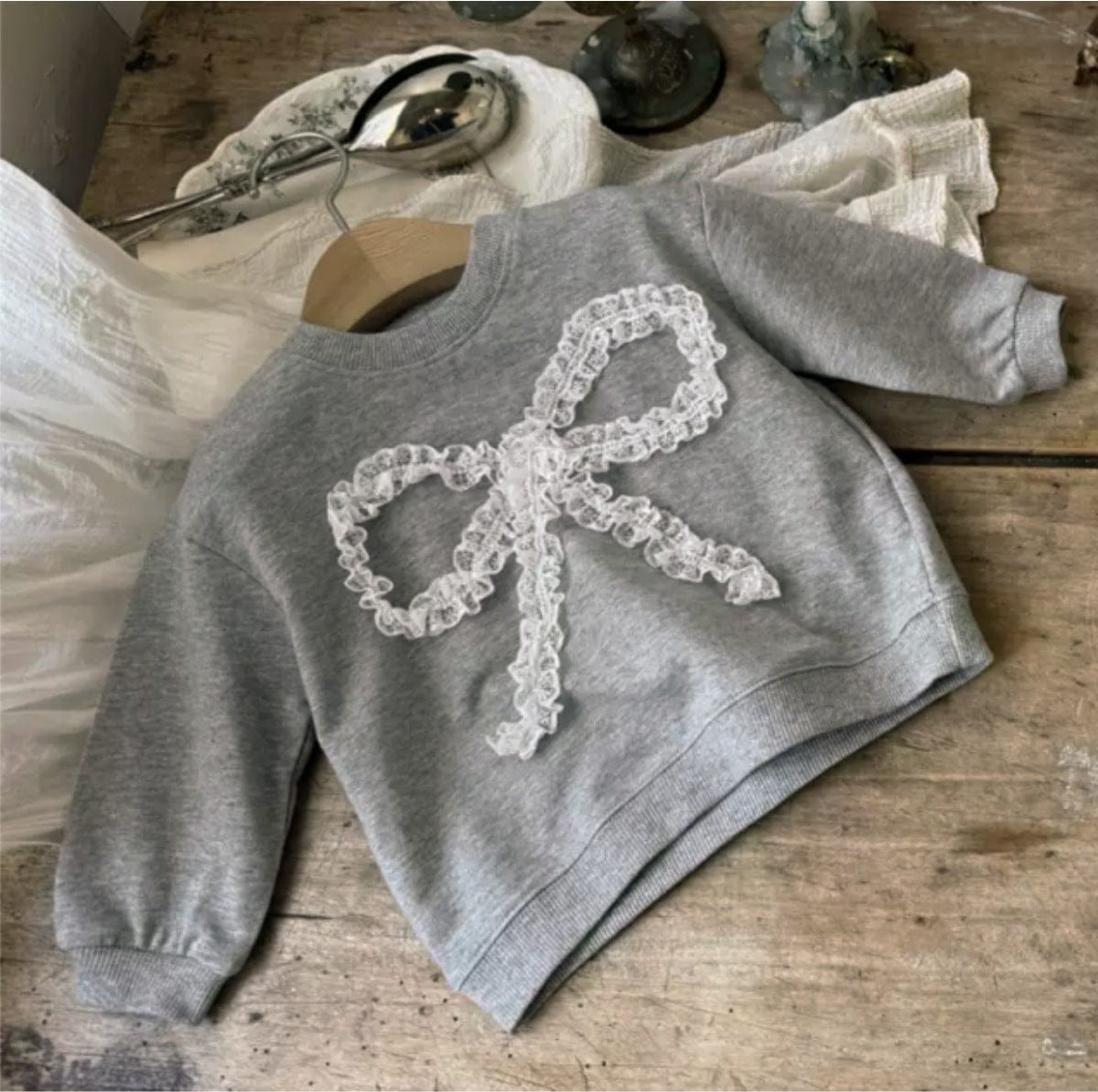 長袖セットアップ チュールリボンセットアップ スウェットトップス+チュールスカートパンツ 2点セット【mh0010896】