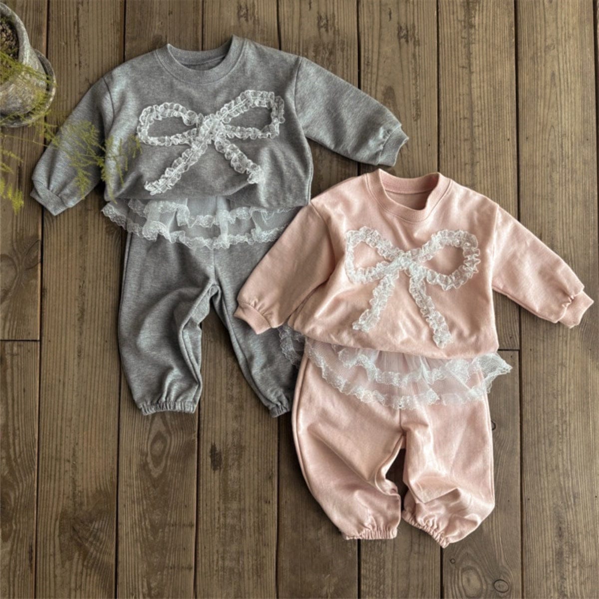 長袖セットアップ チュールリボンセットアップ スウェットトップス+チュールスカートパンツ 2点セット【mh0010896】