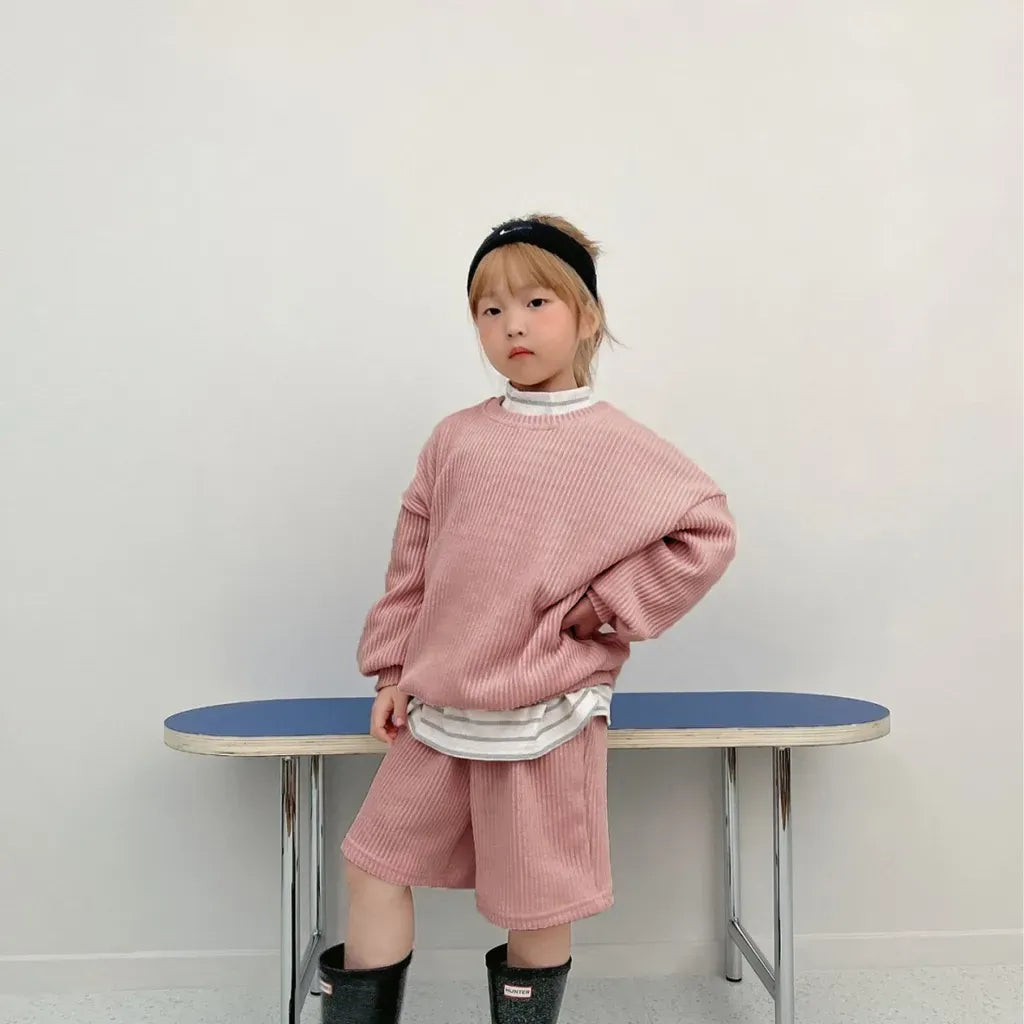 長袖セットアップ 長袖リブニットトップス＋ショートパンツセットアップ 2点セット【mh0011099】