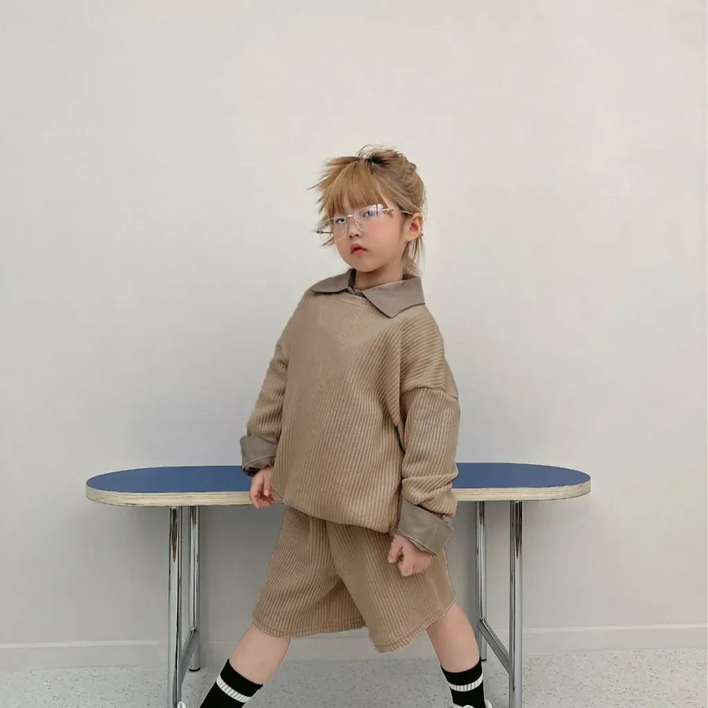 長袖セットアップ 長袖リブニットトップス＋ショートパンツセットアップ 2点セット【mh0011099】