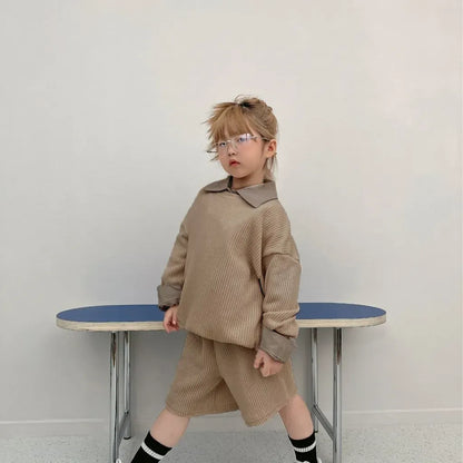 長袖セットアップ 長袖リブニットトップス＋ショートパンツセットアップ 2点セット【mh0011099】