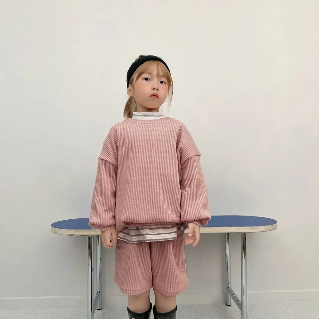 長袖セットアップ 長袖リブニットトップス＋ショートパンツセットアップ 2点セット【mh0011099】