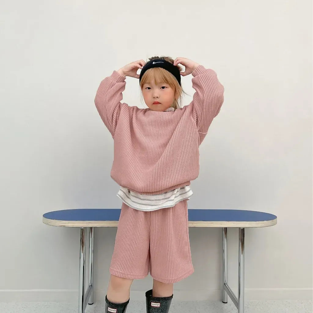 長袖セットアップ 長袖リブニットトップス＋ショートパンツセットアップ 2点セット【mh0011099】