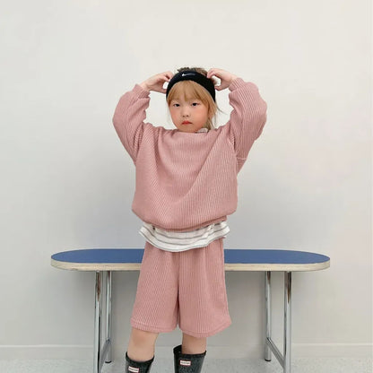 長袖セットアップ 長袖リブニットトップス＋ショートパンツセットアップ 2点セット【mh0011099】