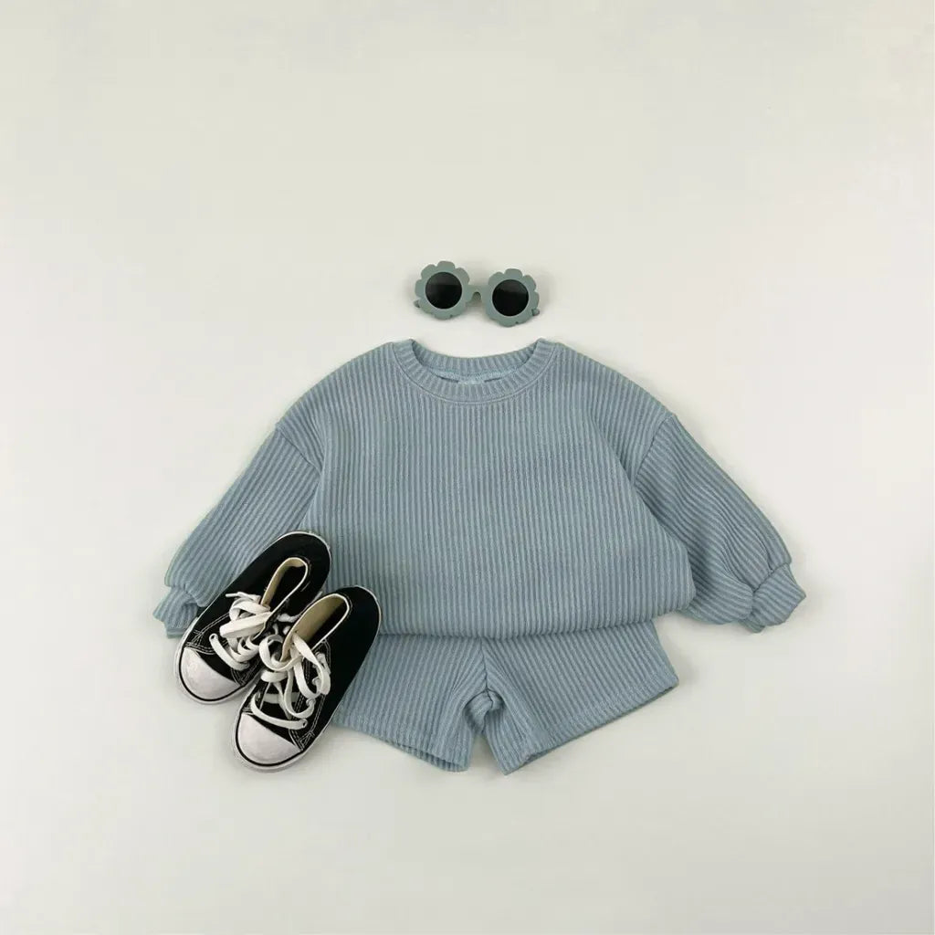 長袖セットアップ 長袖リブニットトップス＋ショートパンツセットアップ 2点セット【mh0011099】