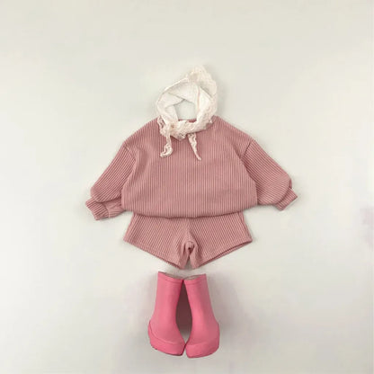 長袖セットアップ 長袖リブニットトップス＋ショートパンツセットアップ 2点セット【mh0011099】