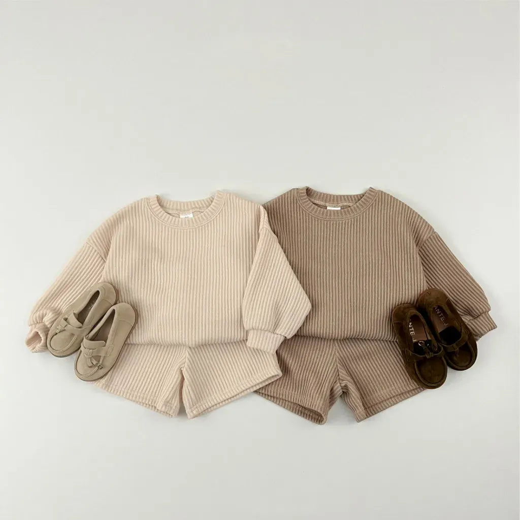 長袖セットアップ 長袖リブニットトップス＋ショートパンツセットアップ 2点セット【mh0011099】