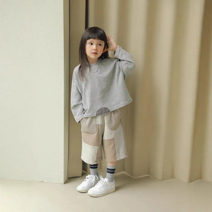 長袖セットアップ パッチワークスウェットトップス＋スウェットハーフパンツセットアップ 2点セット【mh0011101】