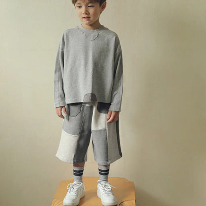 長袖セットアップ パッチワークスウェットトップス＋スウェットハーフパンツセットアップ 2点セット【mh0011101】