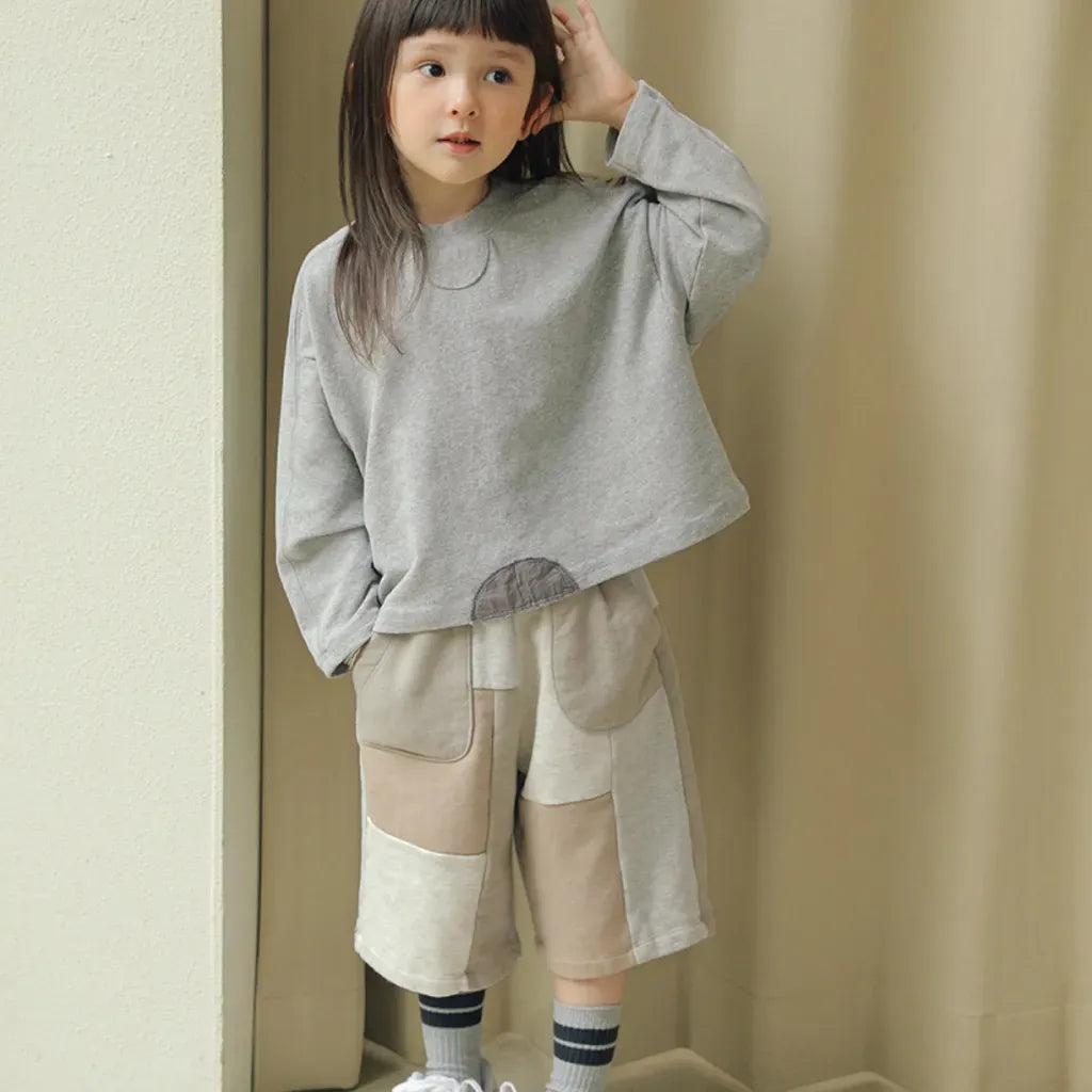 長袖セットアップ パッチワークスウェットトップス＋スウェットハーフパンツセットアップ 2点セット【mh0011101】