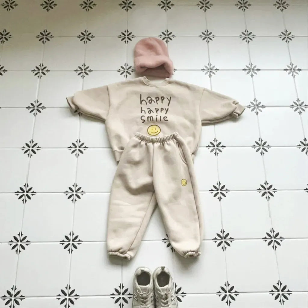 長袖セットアップ レタリングスマイルロゴプリントスウェットトレーナー+パンツセットアップ 2点セット【mh0011110】