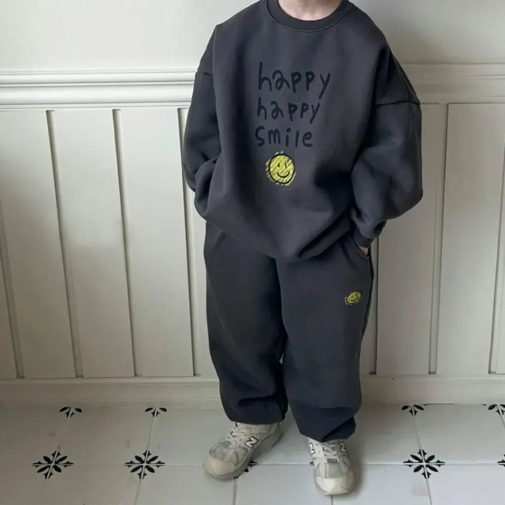 長袖セットアップ レタリングスマイルロゴプリントスウェットトレーナー+パンツセットアップ 2点セット【mh0011110】