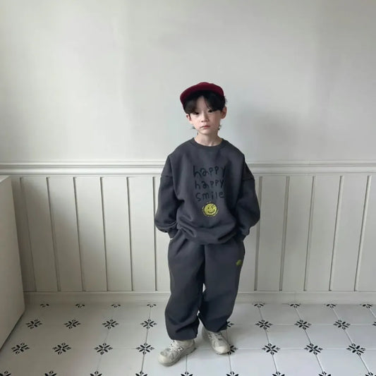 長袖セットアップ レタリングスマイルロゴプリントスウェットトレーナー+パンツセットアップ 2点セット【mh0011110】