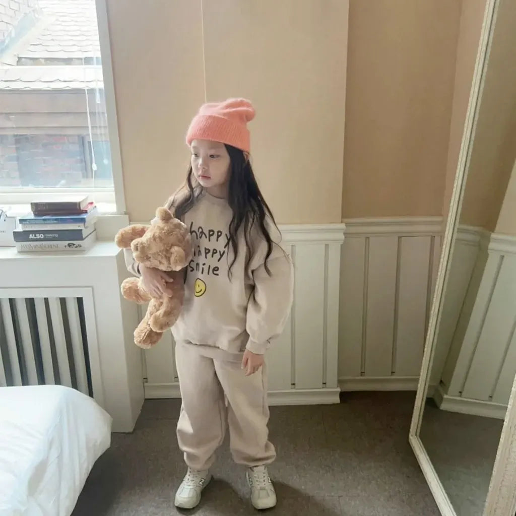 長袖セットアップ レタリングスマイルロゴプリントスウェットトレーナー+パンツセットアップ 2点セット【mh0011110】