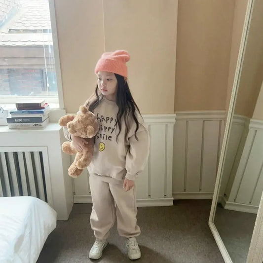 長袖セットアップ レタリングスマイルロゴプリントスウェットトレーナー+パンツセットアップ 2点セット【mh0011110】