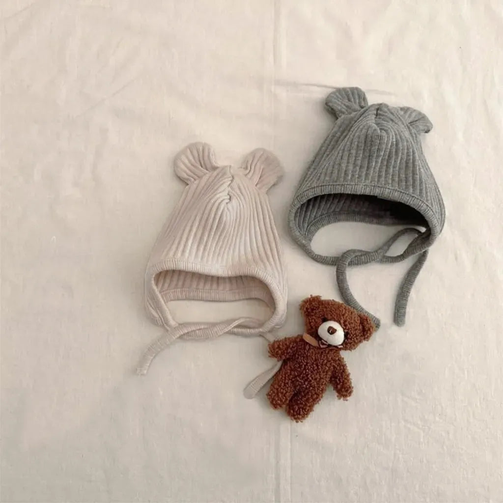 長袖ロンパース リブ編みひざパッチ長袖ロンパース+くま耳帽子 2点セット【mh0011137】