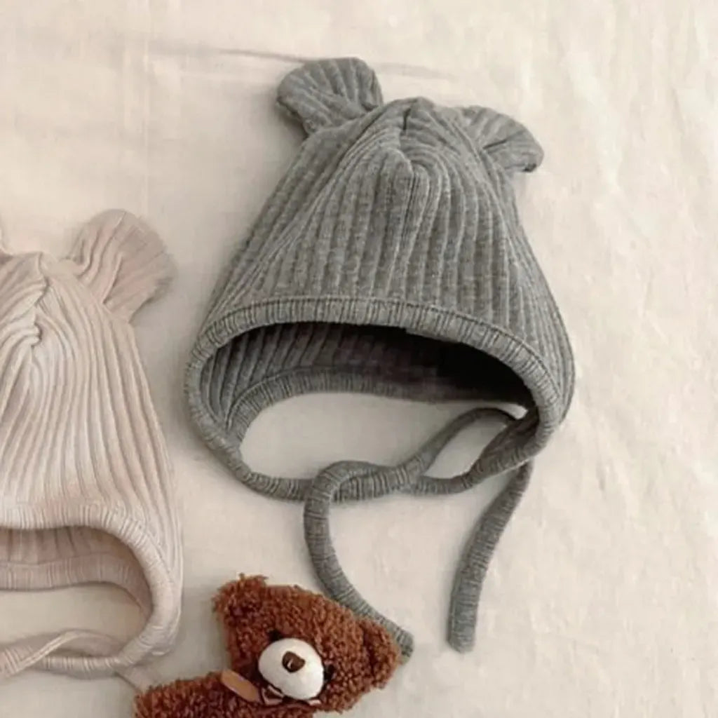 長袖ロンパース リブ編みひざパッチ長袖ロンパース+くま耳帽子 2点セット【mh0011137】