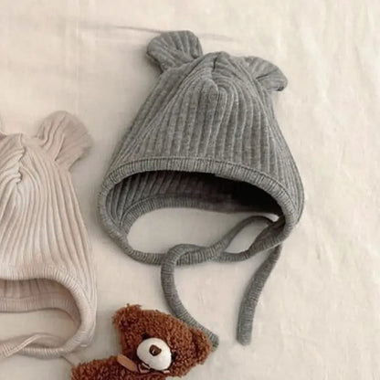 長袖ロンパース リブ編みひざパッチ長袖ロンパース+くま耳帽子 2点セット【mh0011137】