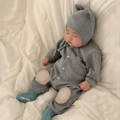 長袖ロンパース リブ編みひざパッチ長袖ロンパース+くま耳帽子 2点セット【mh0011137】