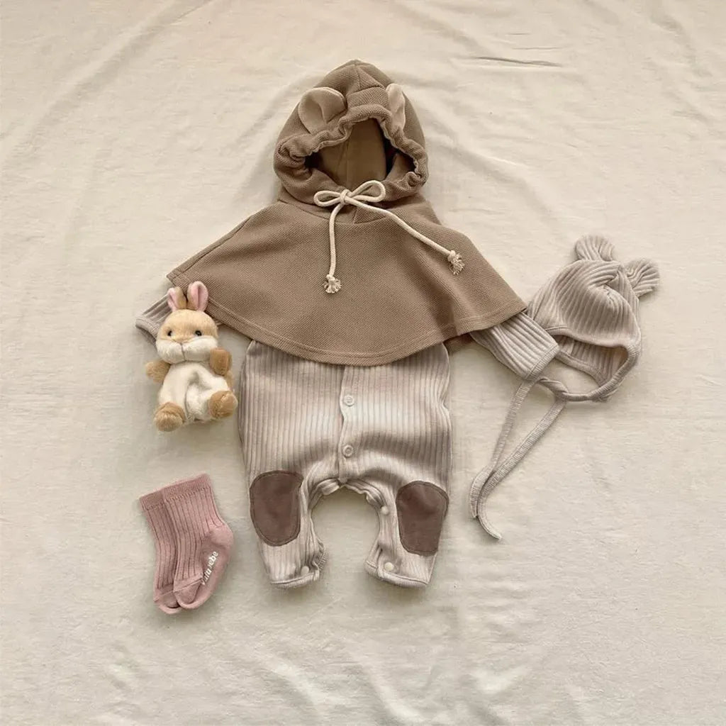 長袖ロンパース リブ編みひざパッチ長袖ロンパース+くま耳帽子 2点セット【mh0011137】