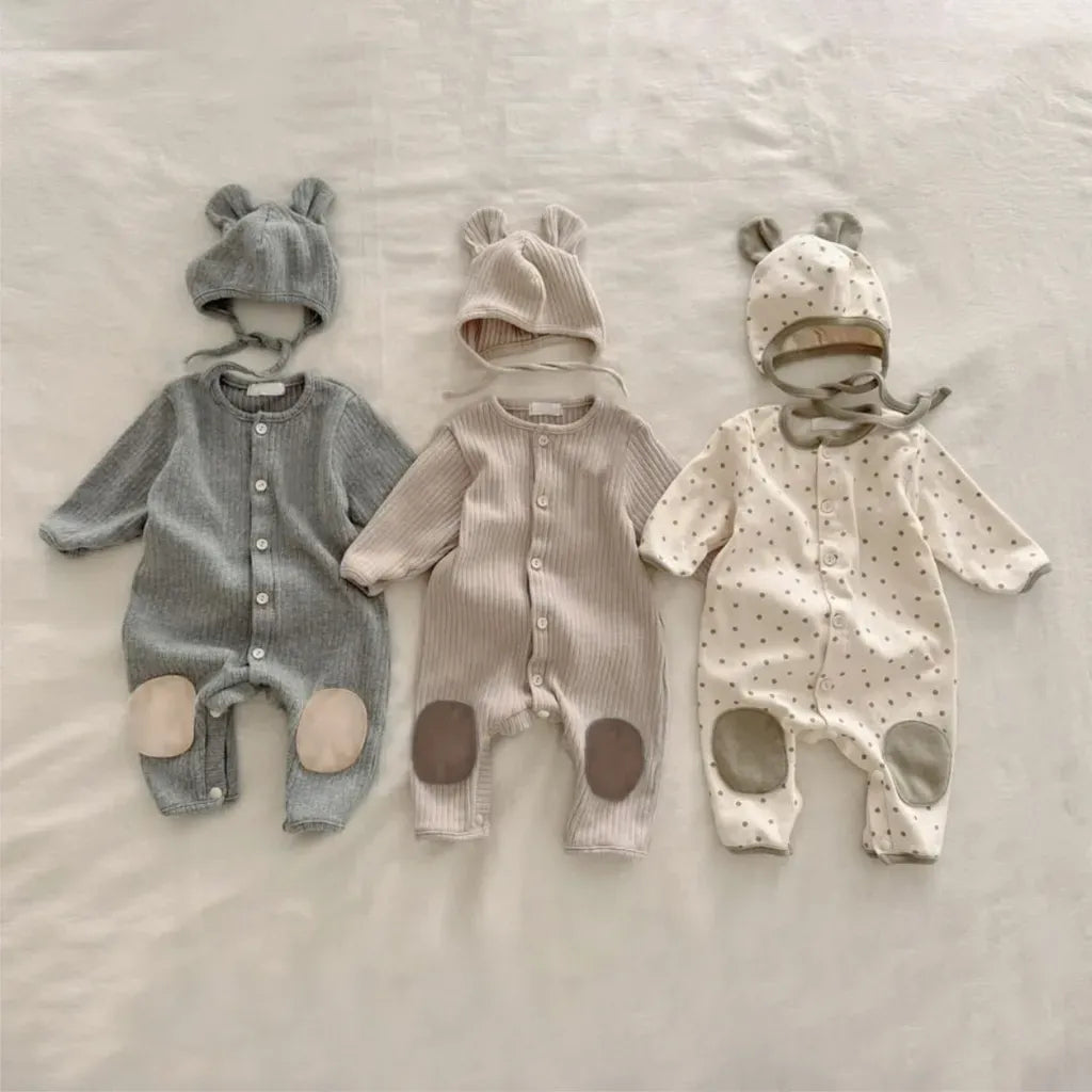 長袖ロンパース リブ編みひざパッチ長袖ロンパース+くま耳帽子 2点セット【mh0011137】