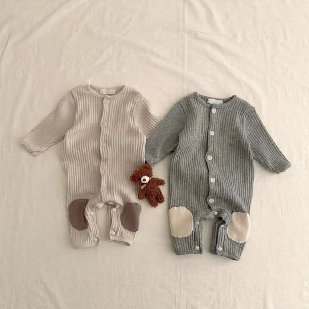 長袖ロンパース リブ編みひざパッチ長袖ロンパース+くま耳帽子 2点セット【mh0011137】