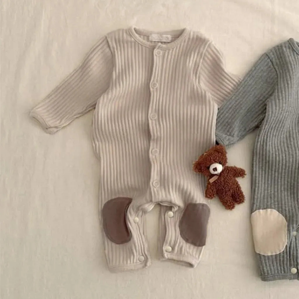 長袖ロンパース リブ編みひざパッチ長袖ロンパース+くま耳帽子 2点セット【mh0011137】