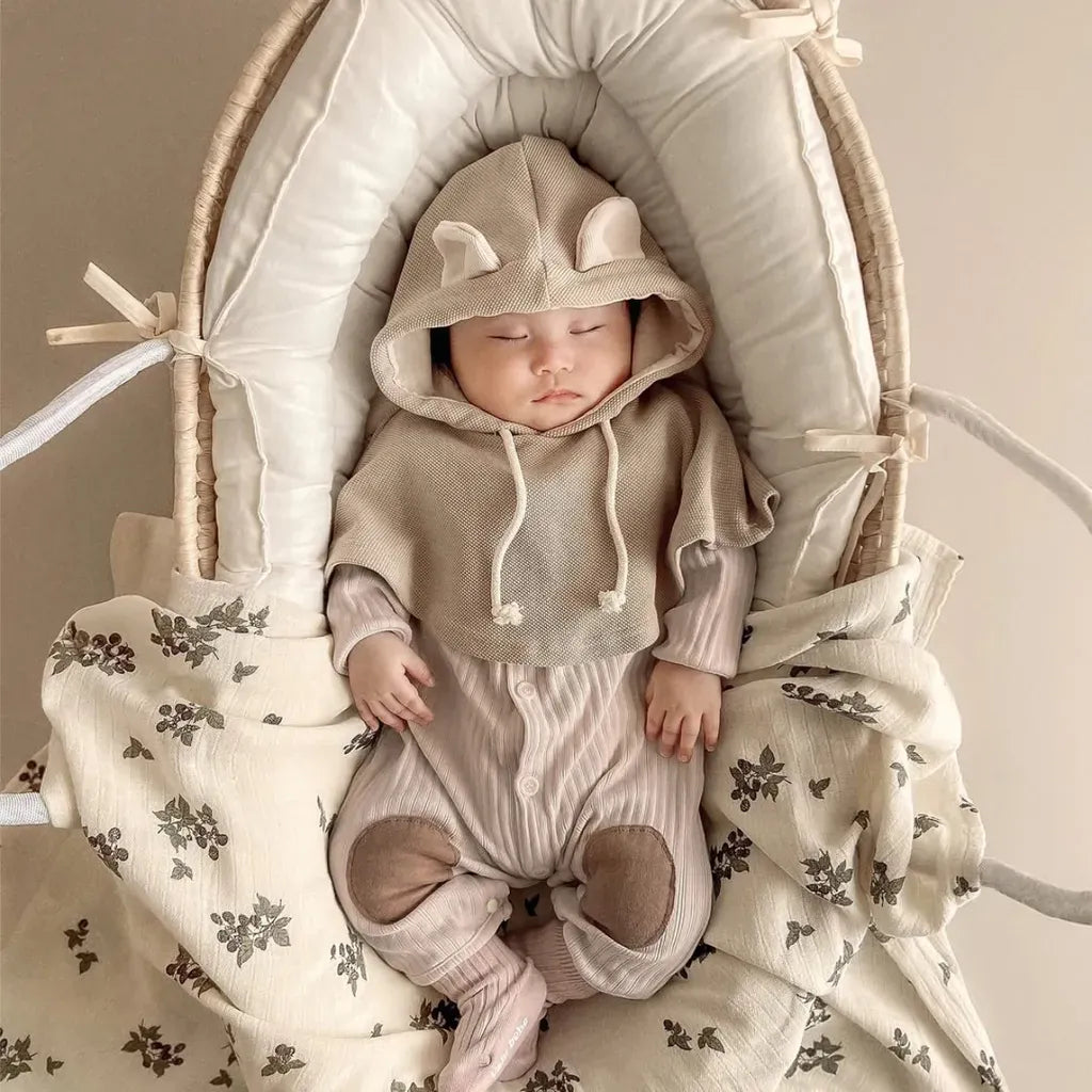 長袖ロンパース リブ編みひざパッチ長袖ロンパース+くま耳帽子 2点セット【mh0011137】