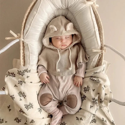 長袖ロンパース リブ編みひざパッチ長袖ロンパース+くま耳帽子 2点セット【mh0011137】