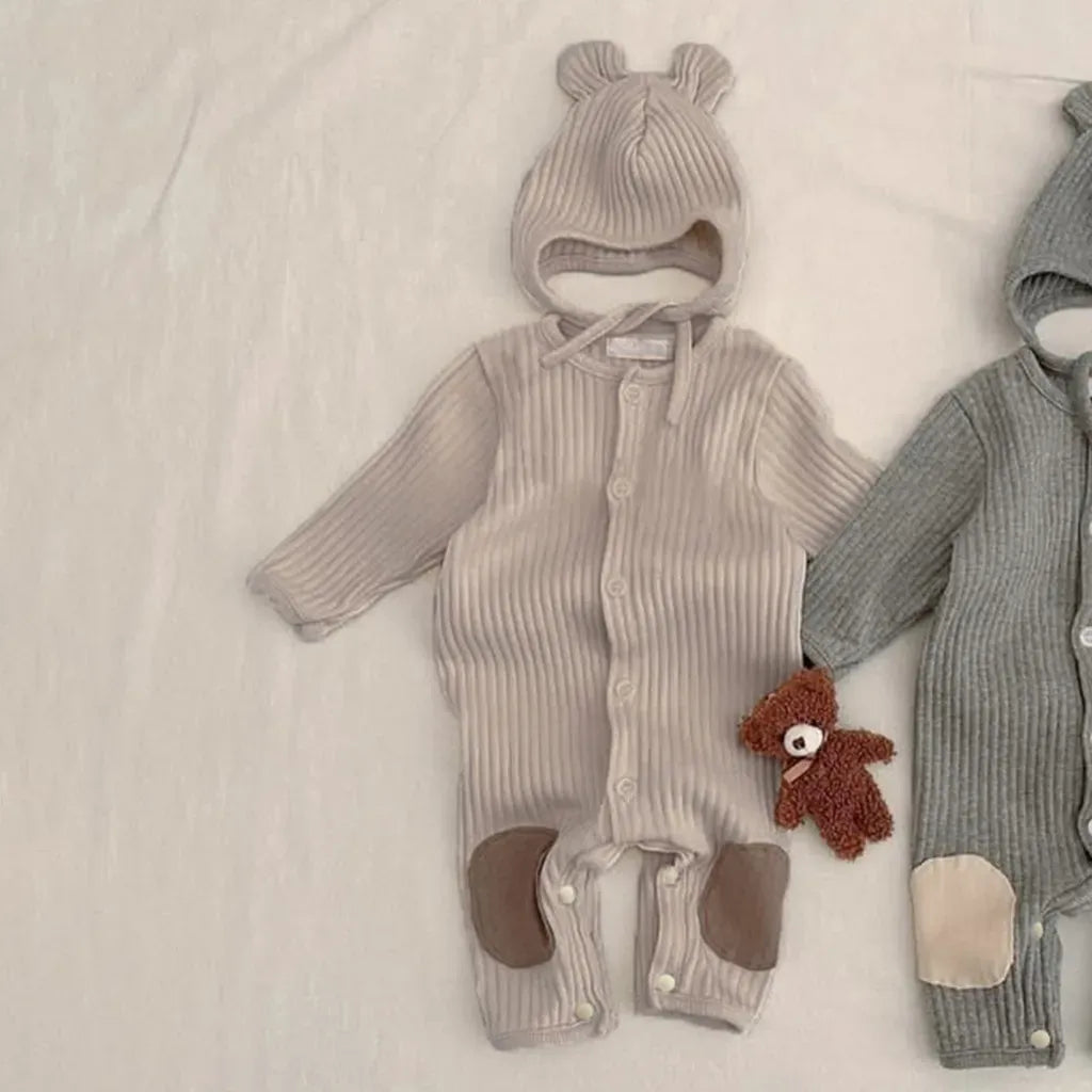 長袖ロンパース リブ編みひざパッチ長袖ロンパース+くま耳帽子 2点セット【mh0011137】