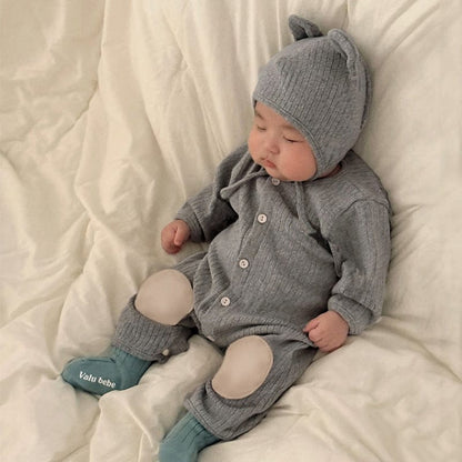 長袖ロンパース リブ編みひざパッチ長袖ロンパース+くま耳帽子 2点セット【mh0011137】